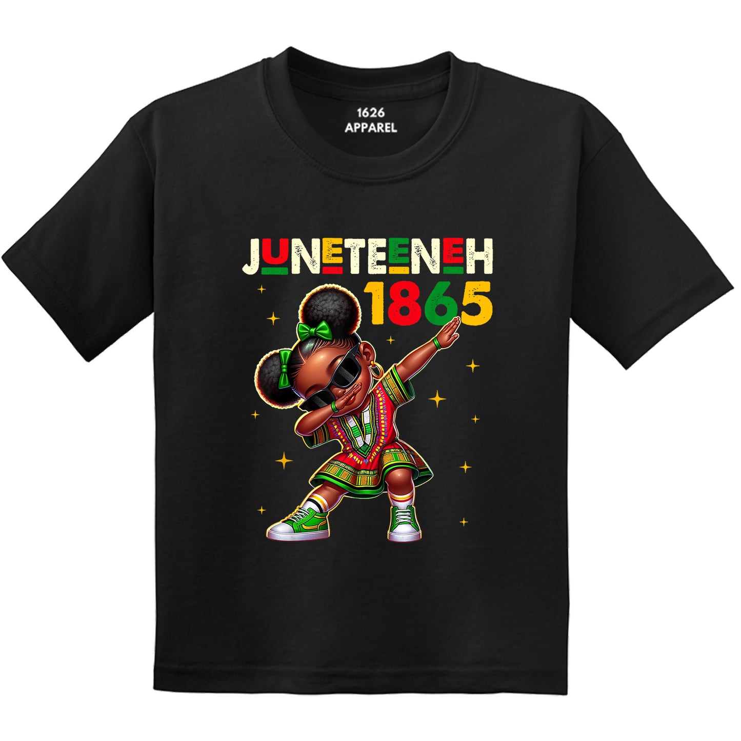 Black t-shirt with Juneteenth 1865 graphic design on a white background