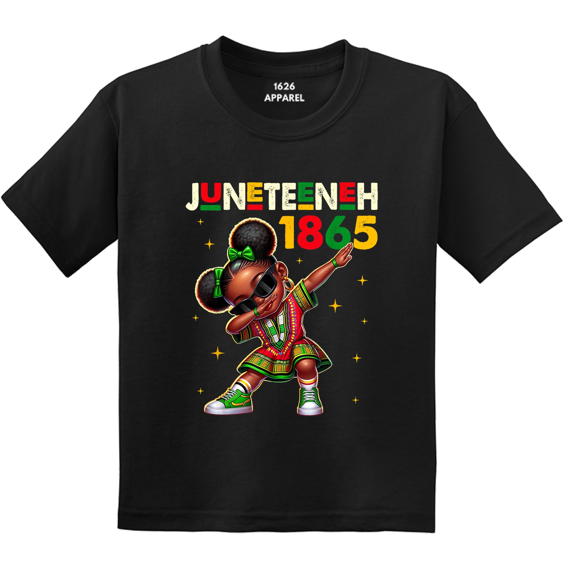 Black t-shirt with Juneteenth 1865 graphic design on a white background