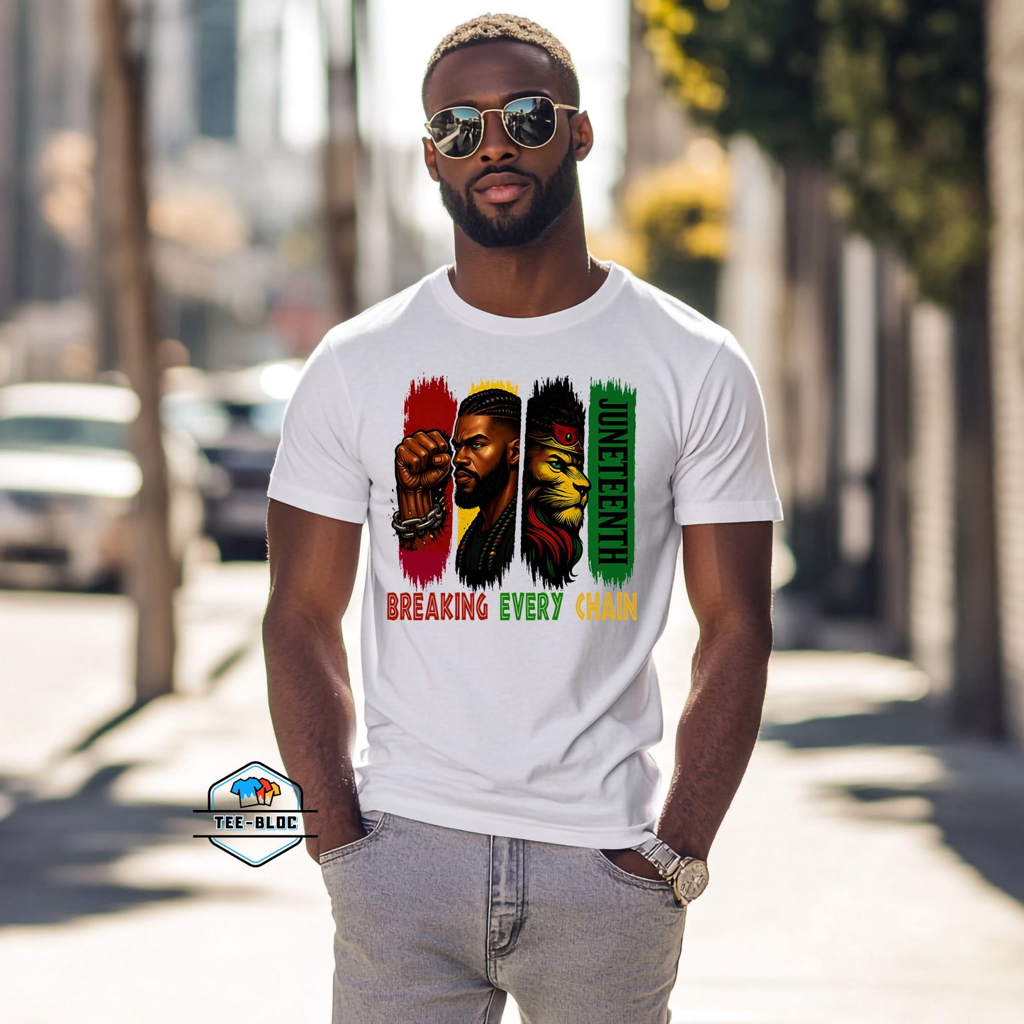 Juneteenth Break Every Chain Men's White T-Shirts Model