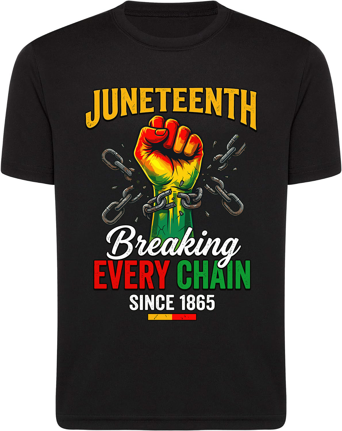 Black t-shirt with Juneteenth design featuring a raised fist and chains on a white background