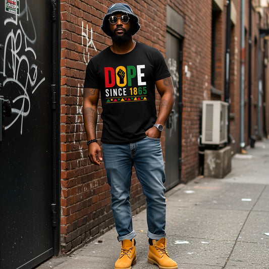Man wearing a black t-shirt with colorful text, standing against a brick wall with graffiti.