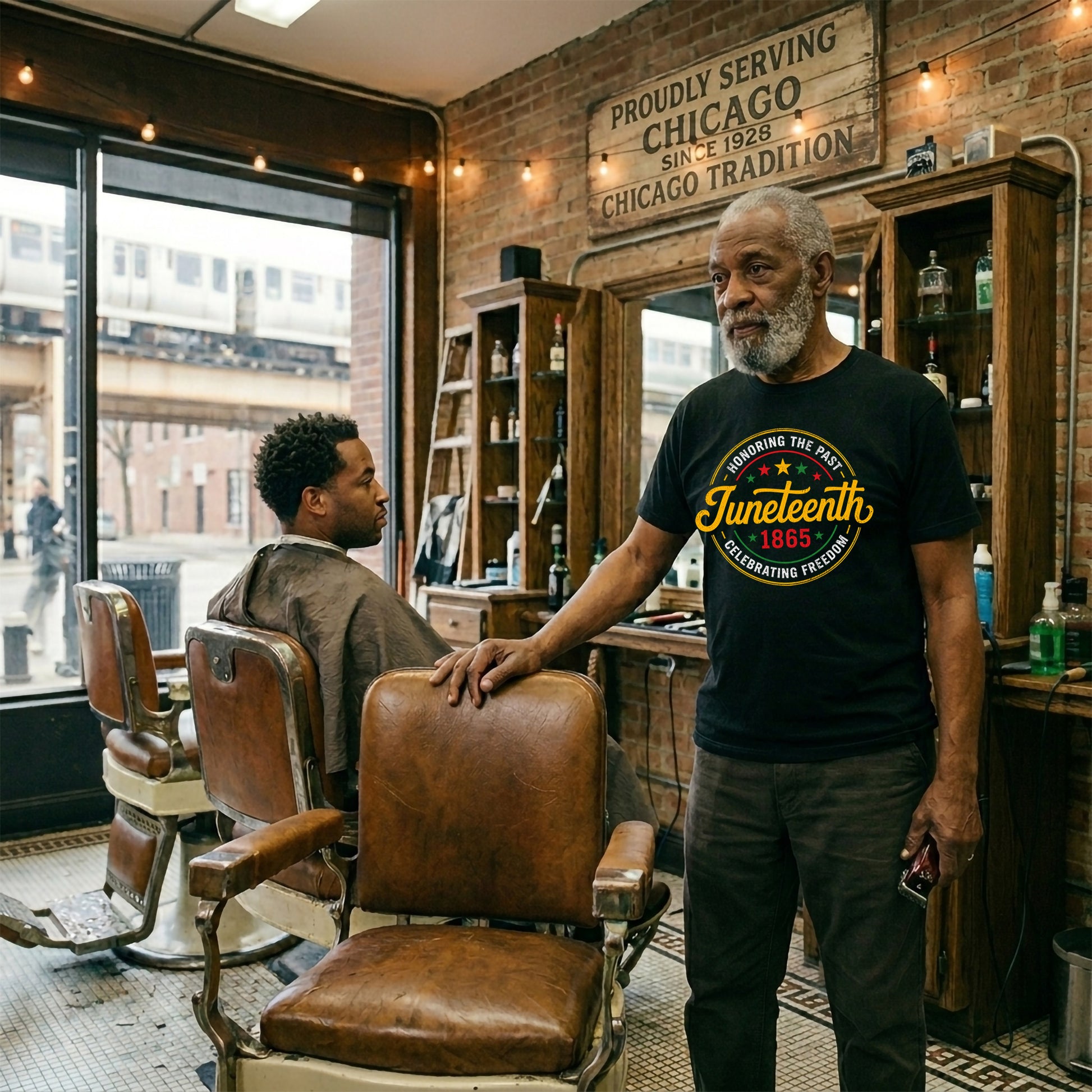Barber shop interior with a barber and client, featuring vintage furniture and decor.