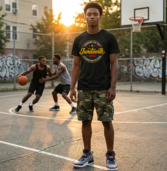 Person standing on a basketball court with others playing in the background
