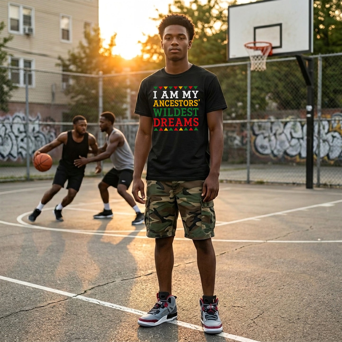Teen wearing a t-shirt with a message on a basketball court with other players.