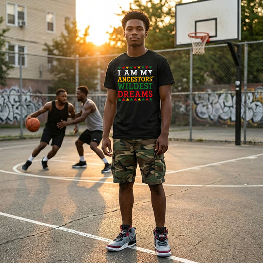 Teen wearing a t-shirt with a message on a basketball court with other players.
