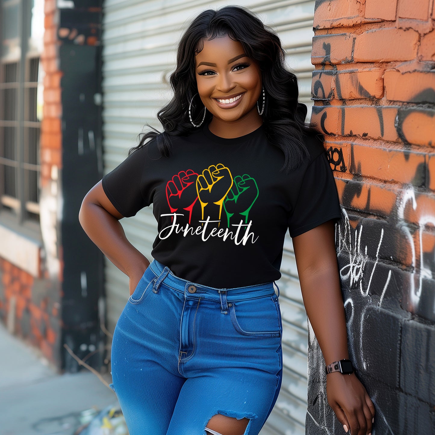 Woman wearing a black t-shirt with colorful design and 'Juneteenth' text, standing against a graffiti-covered wall.