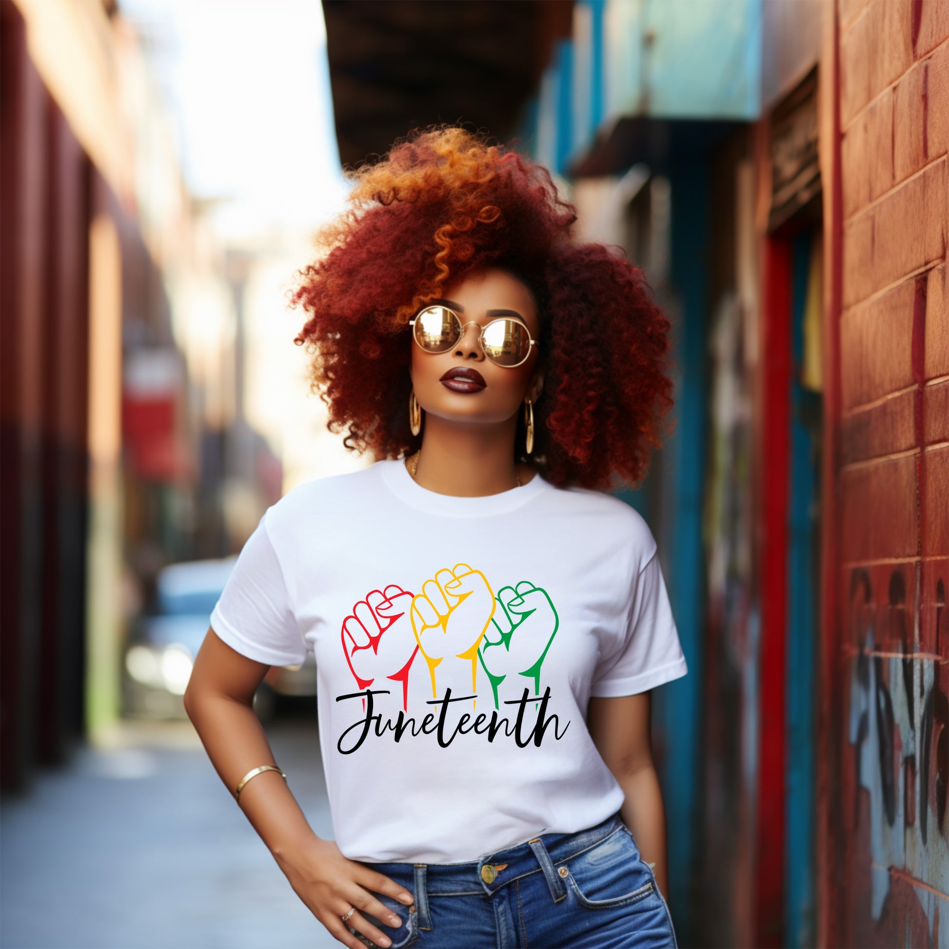 Woman wearing a 'Juneteenth' t-shirt with colorful fists design on a street.