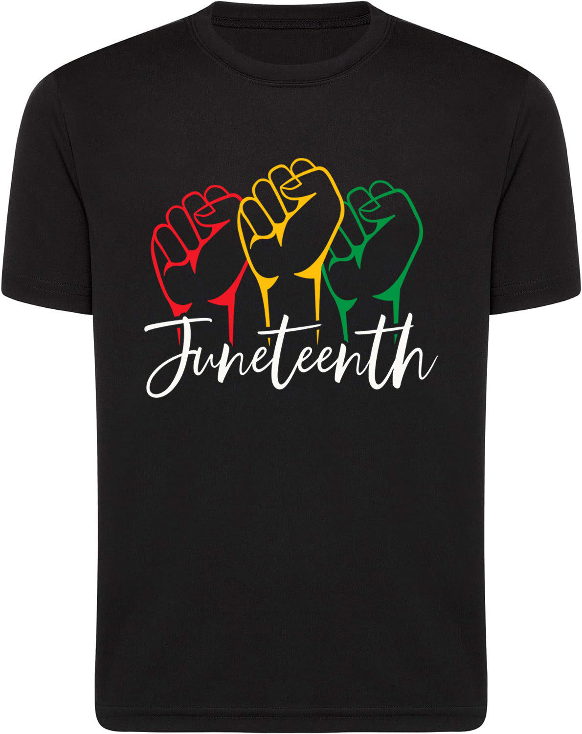 Black t-shirt with colorful raised fists and 'Juneteenth' text on a white background