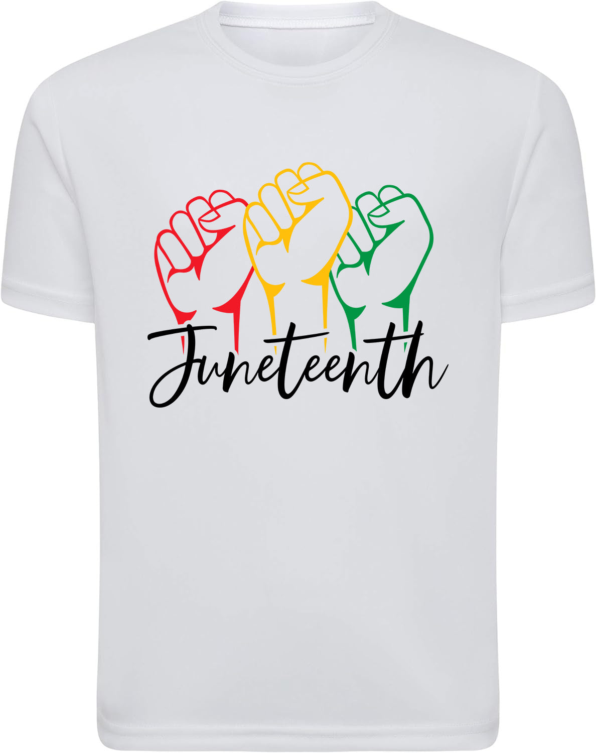 White t-shirt with colorful raised fists and 'Juneteenth' text on a white background