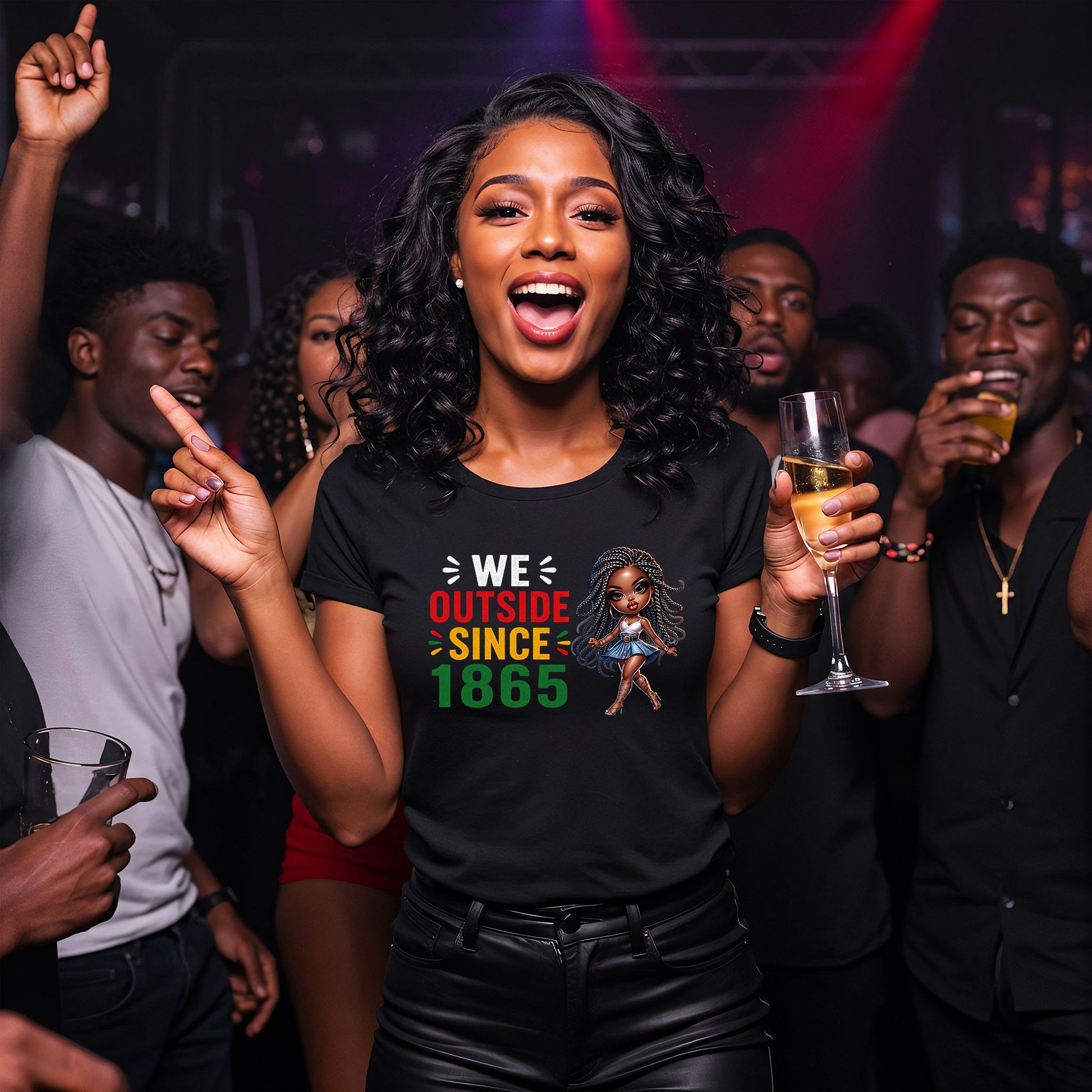 Woman at a party holding a glass of champagne, wearing a t-shirt with a graphic design.