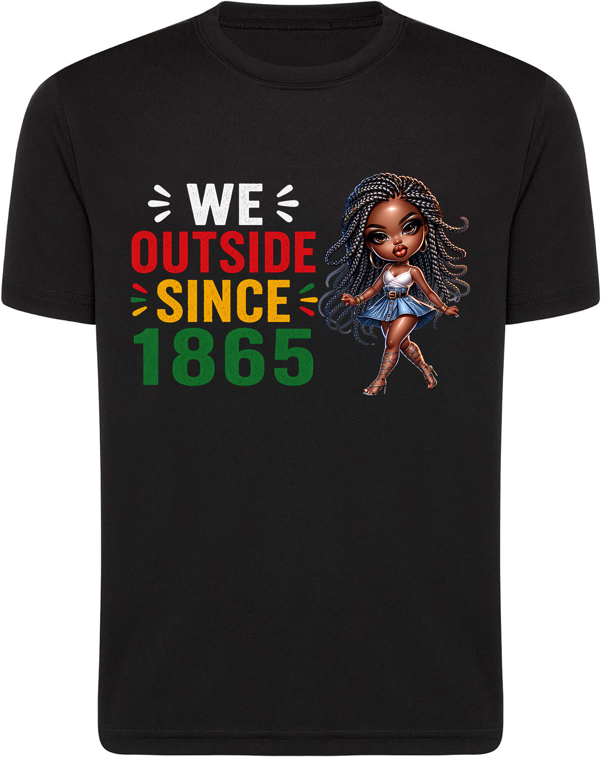 Black t-shirt with a graphic of a girl and text 'WE Outside Since 1865' on a white background
