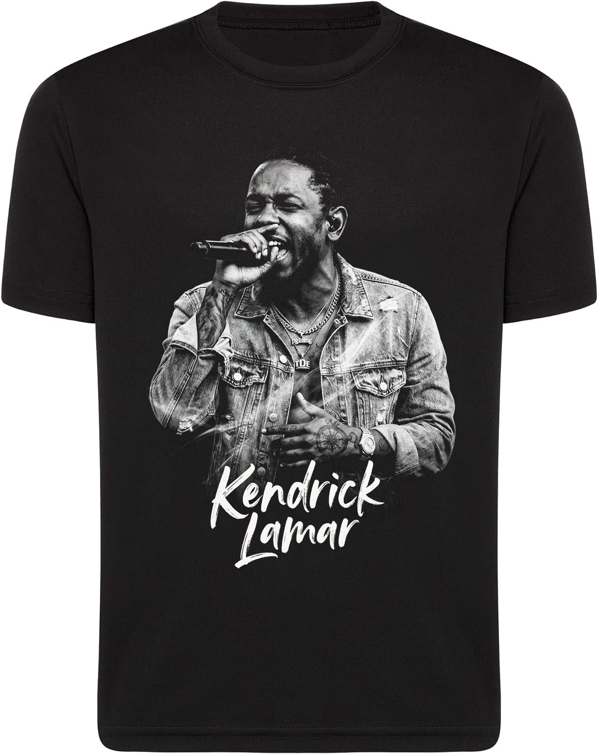 Black t-shirt with a graphic of Kendrick Lamar and his name printed on it.