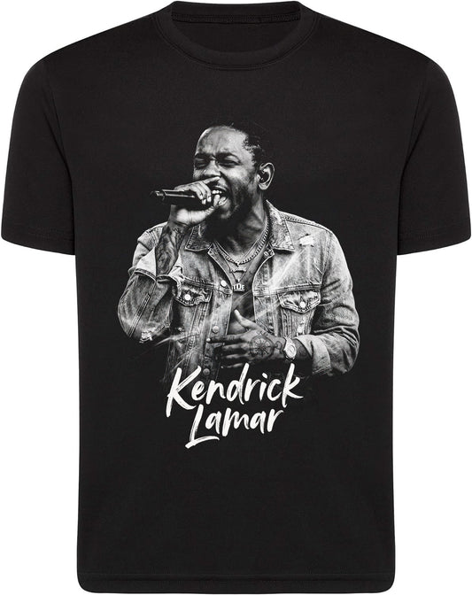 Black t-shirt with a graphic of Kendrick Lamar and his name printed on it.