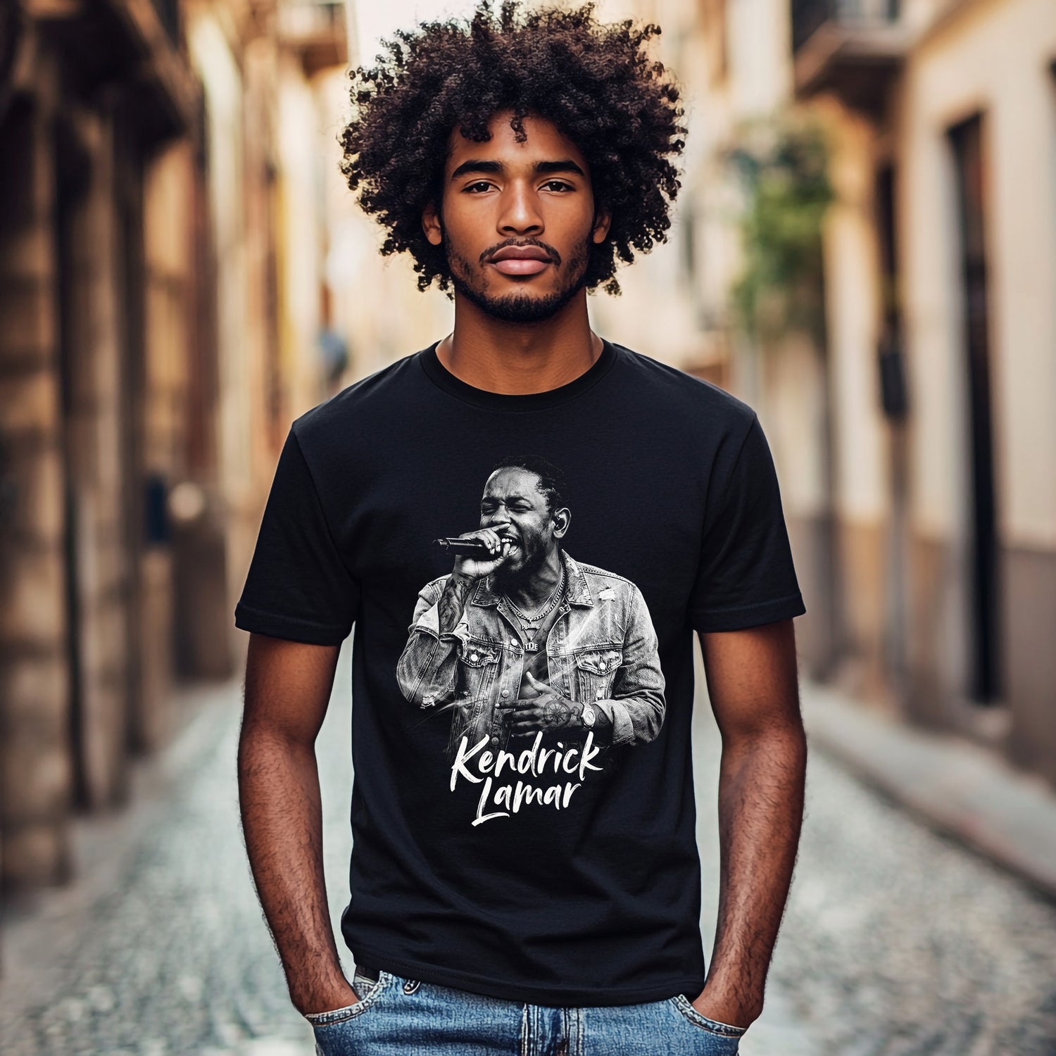 Man wearing a black t-shirt with a graphic of a person and 'Kendrick Lamar' text, standing in a street.