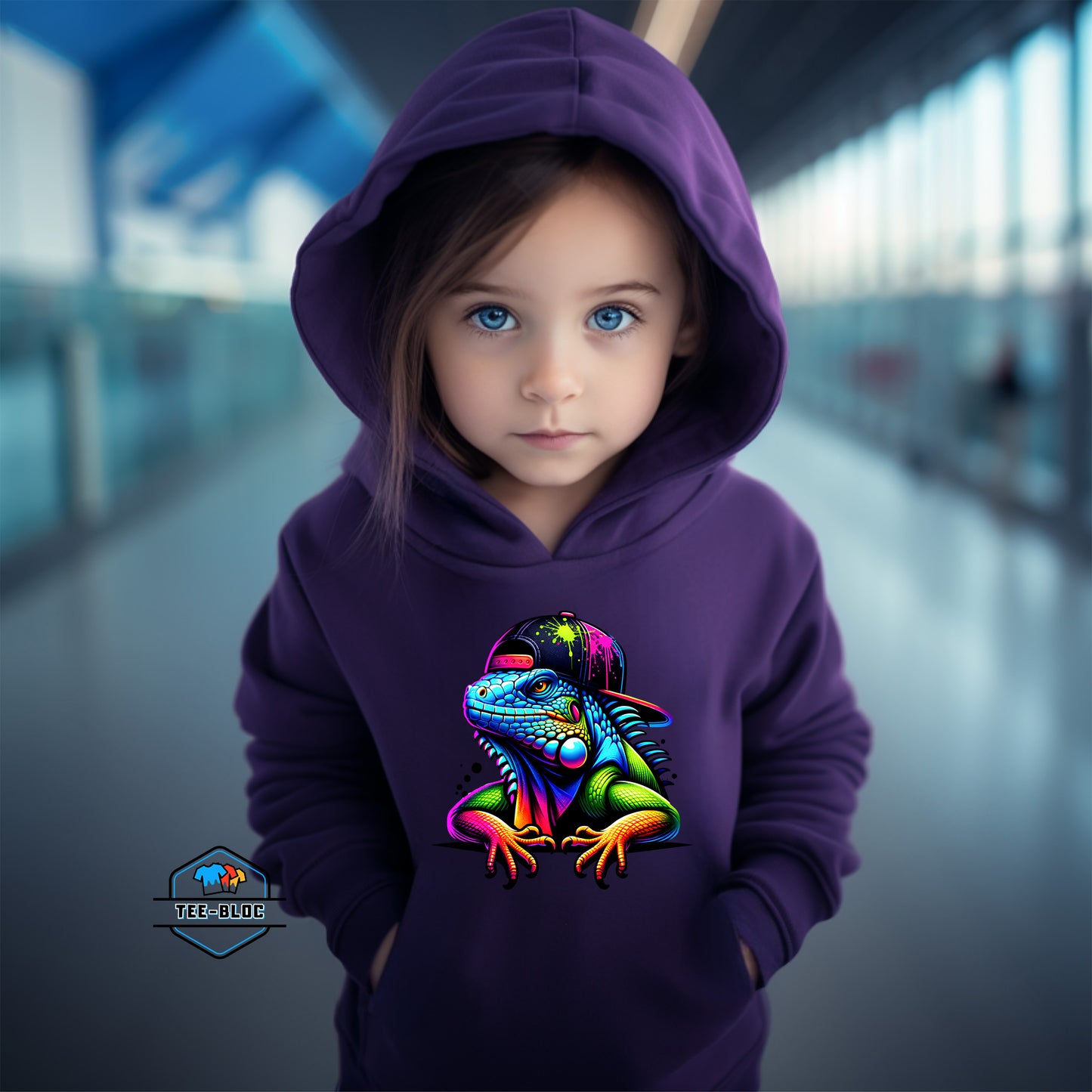 Kids Cool Iguana Graphic Printed Purple Hoodies  Model