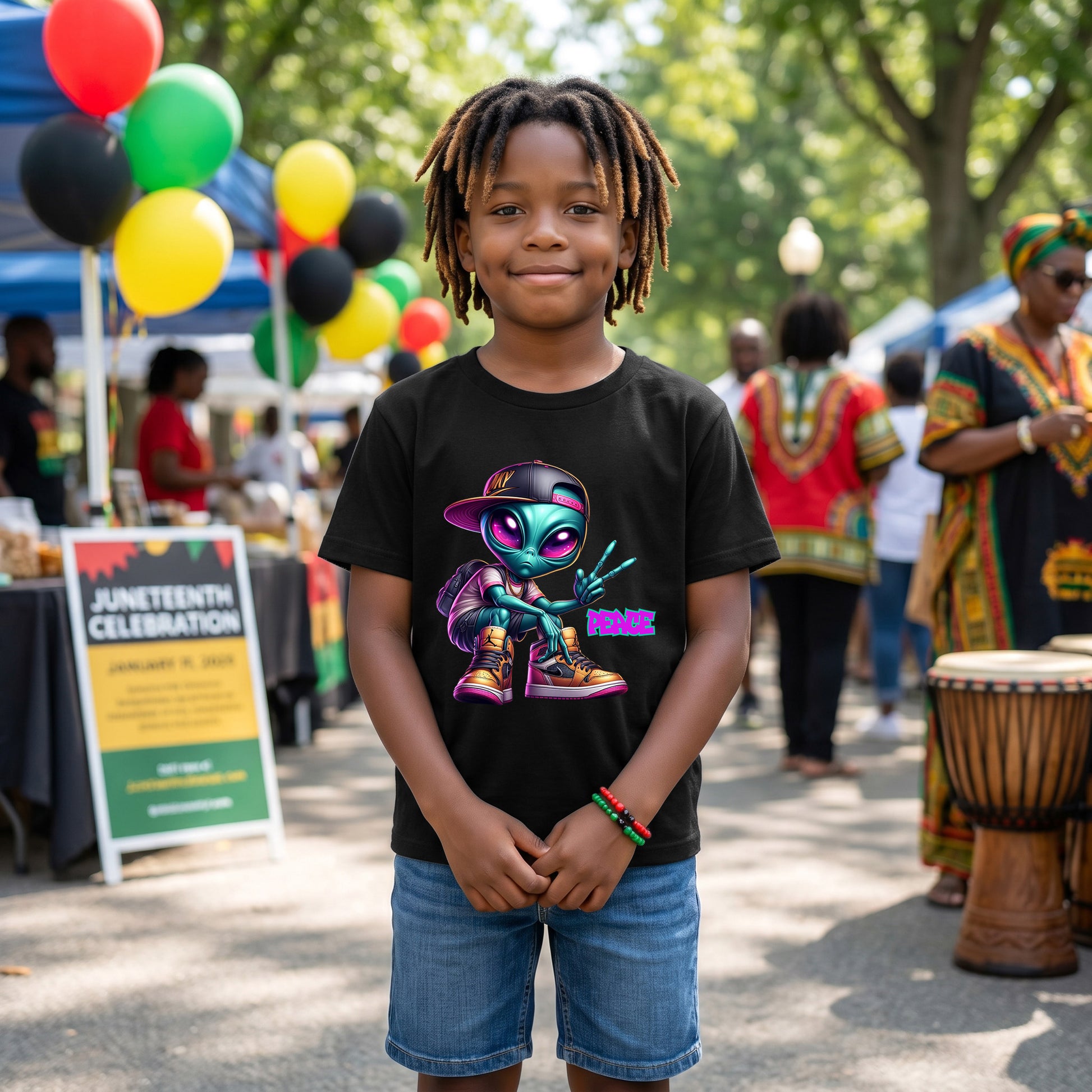 A young boy with dreadlocks stands smiling outdoors at a festival, wearing a black peace out alien t-shirt.
