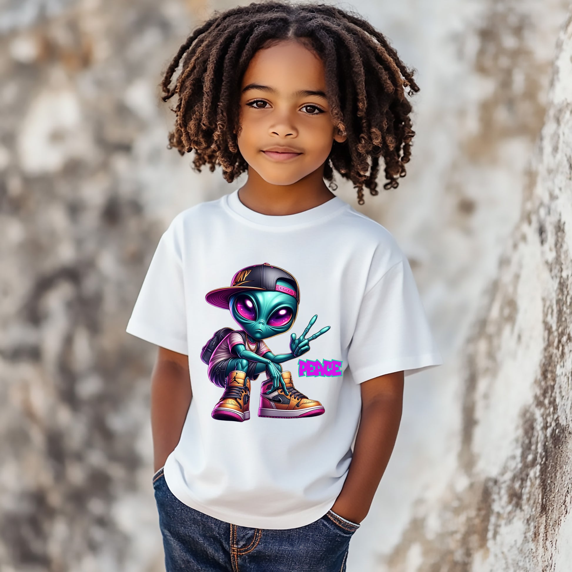 A child wearing a white short-sleeve peace out alien t-shirt with a colorful cartoon alien design, paired with dark blue jeans, standing against a textured stone wall.