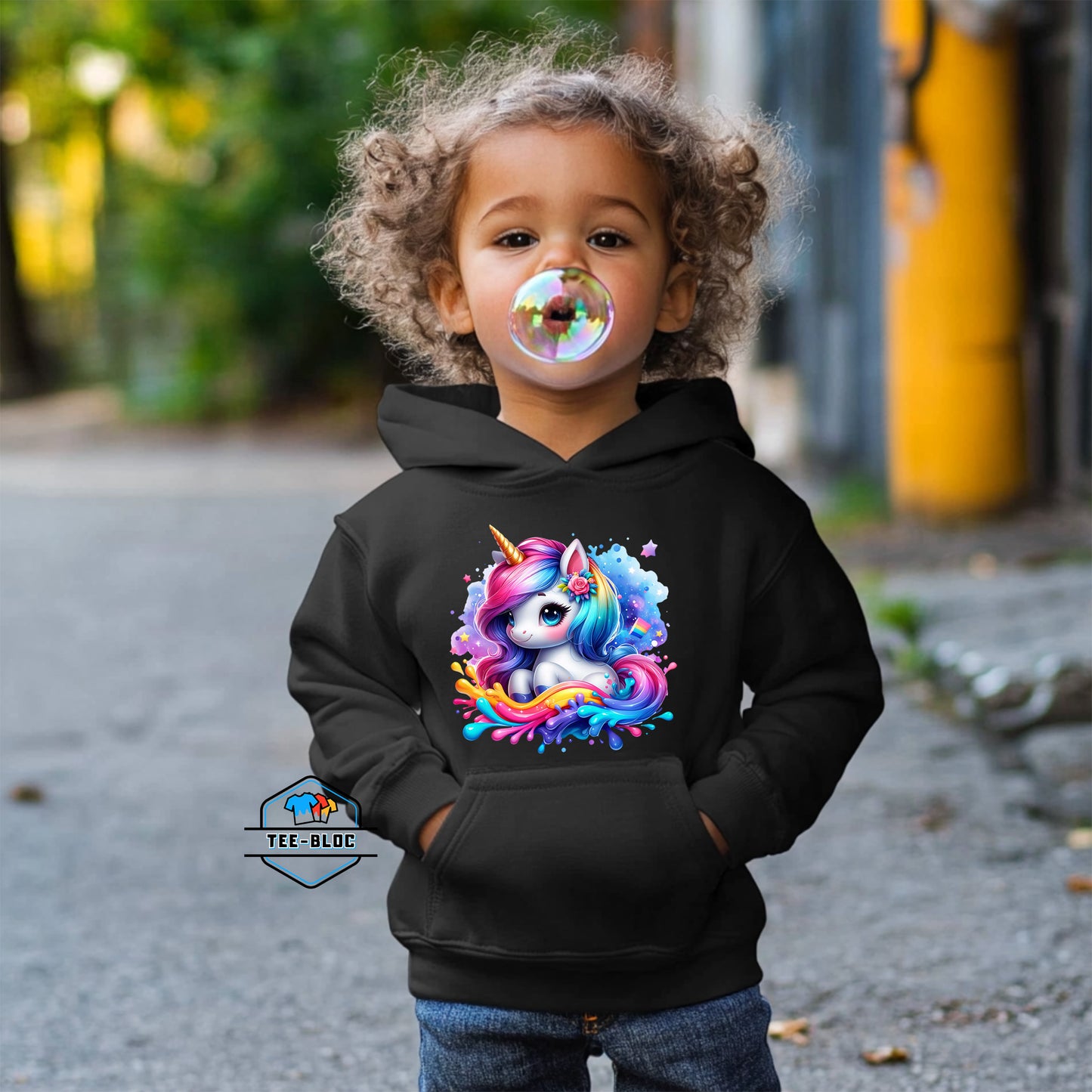 Kids Rainbow Unicorn Graphic Printed Black Hoodies Model