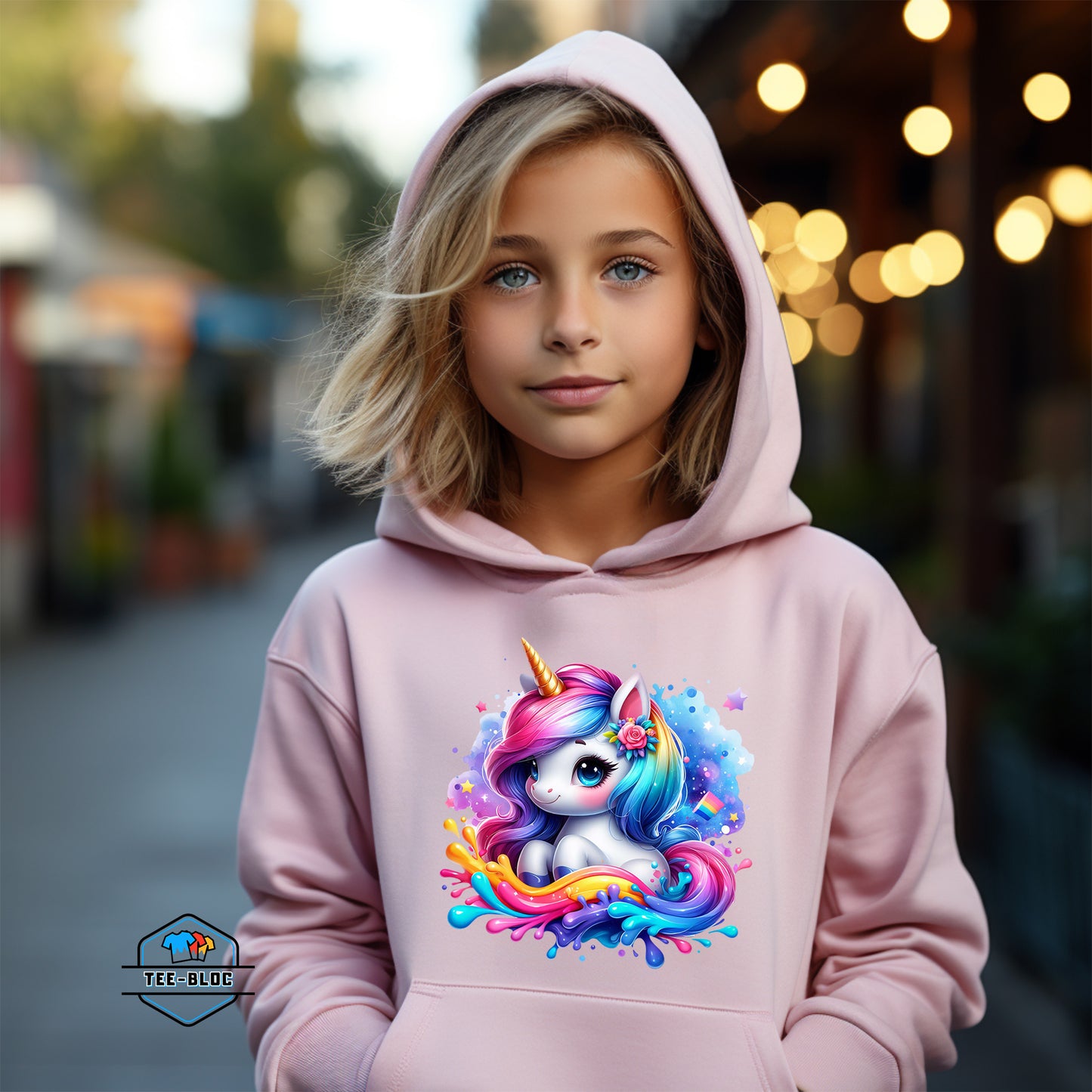 Kids Rainbow Unicorn Graphic Printed Pink Hoodies Model