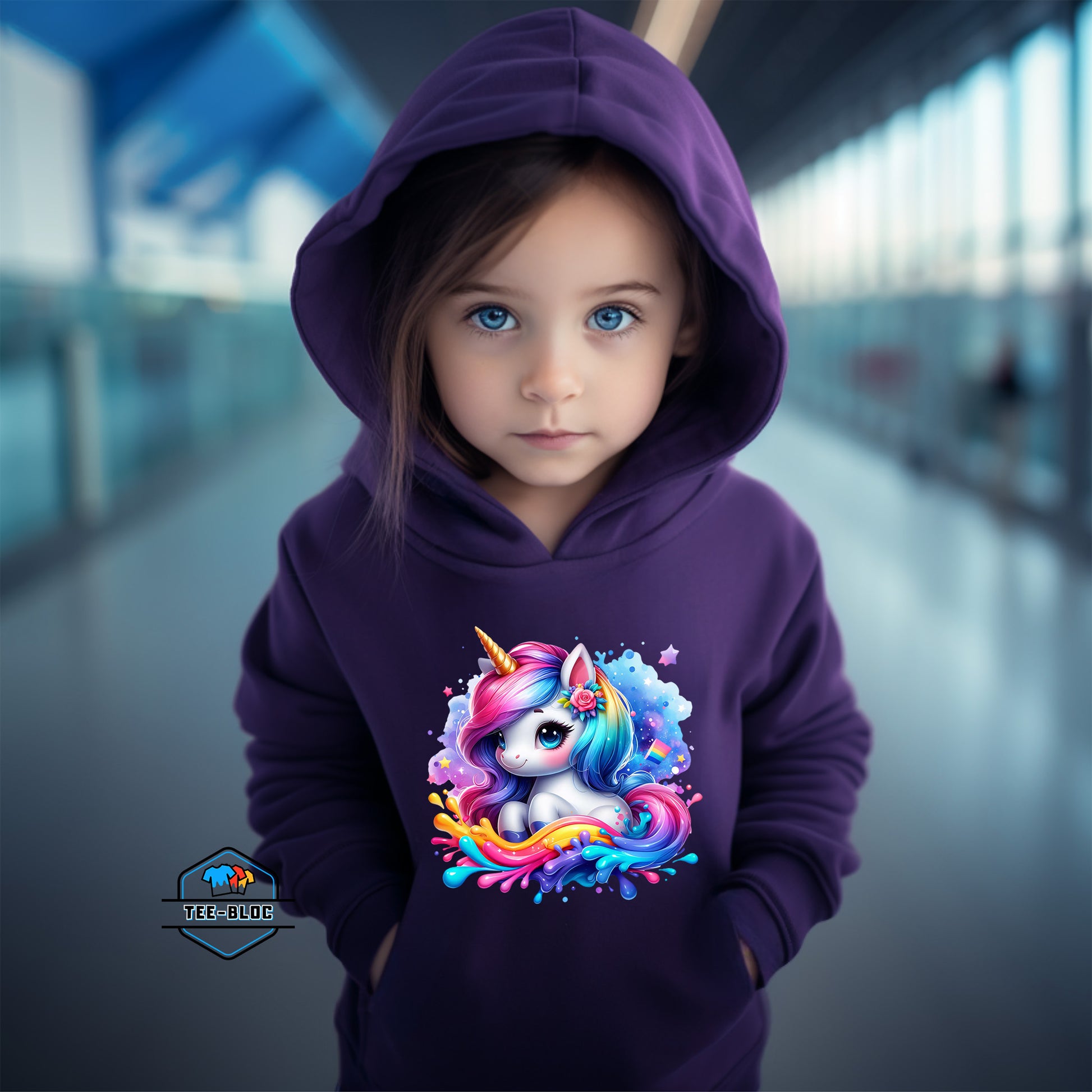 Kids Rainbow Unicorn Graphic Printed Purple Hoodies Model