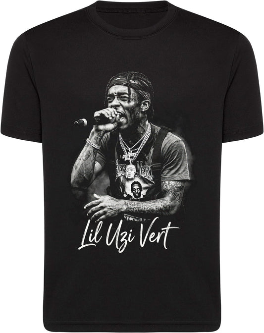 Black t-shirt with a graphic of a person holding a microphone and 'Lil Uzi Vert' text.