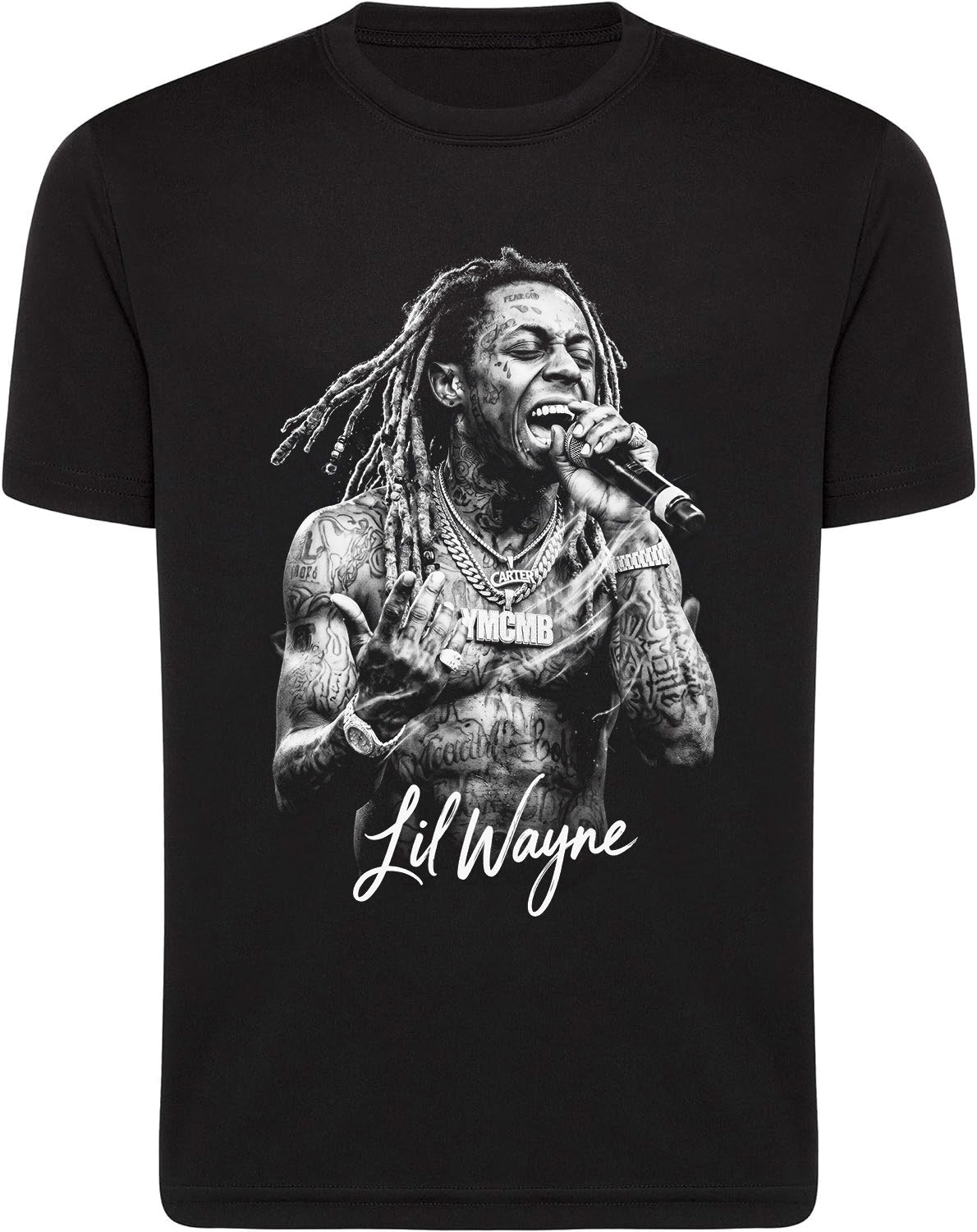 Black t-shirt with a graphic of a person holding a microphone and 'Lil Wayne' text.