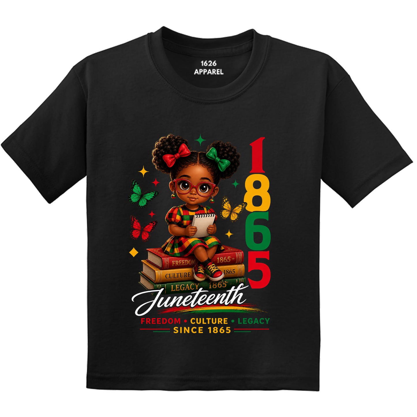 Black t-shirt with Juneteenth design featuring a girl and the year 1865 on a white background.