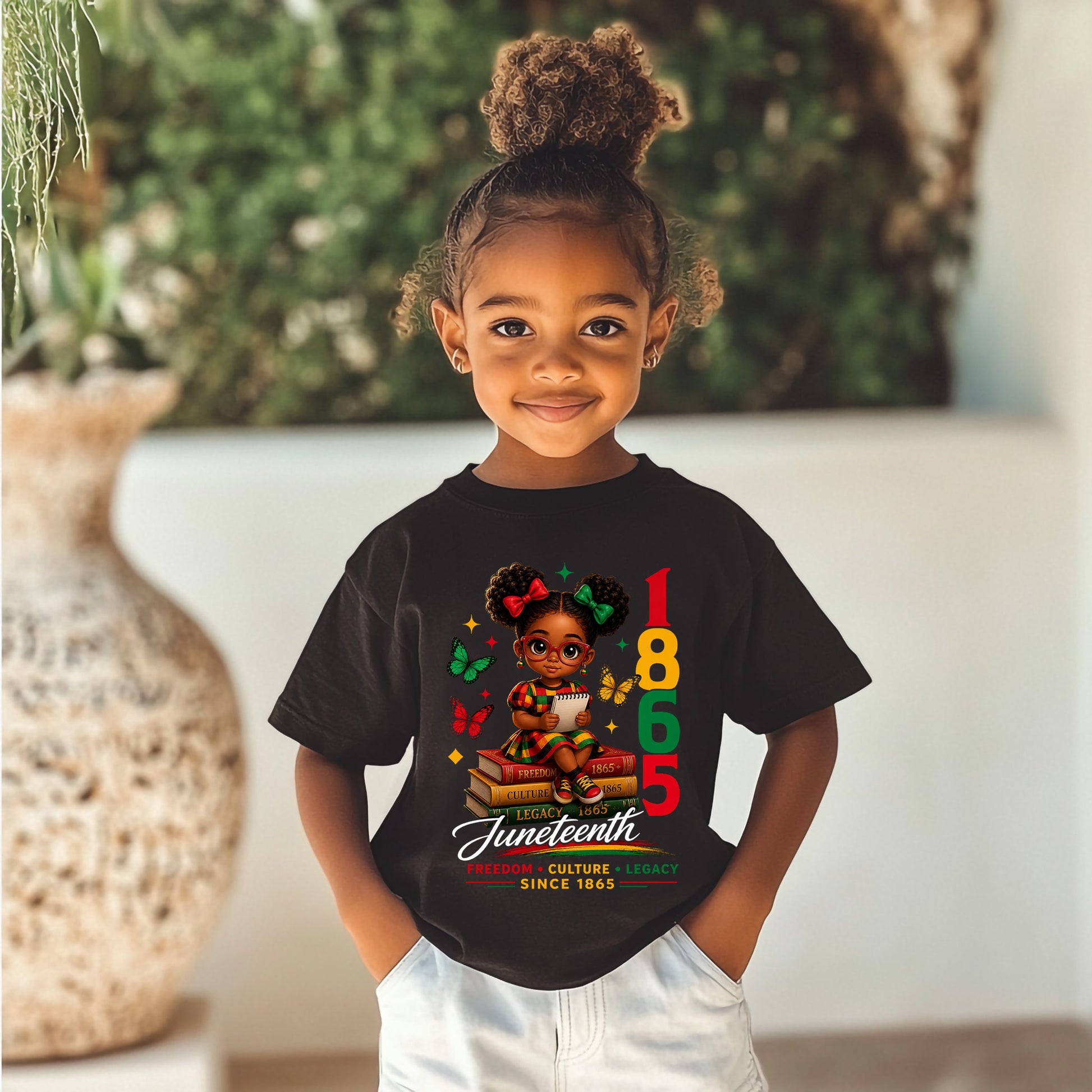 Child wearing a black t-shirt with a Juneteenth design, standing in front of a blurred indoor background.
