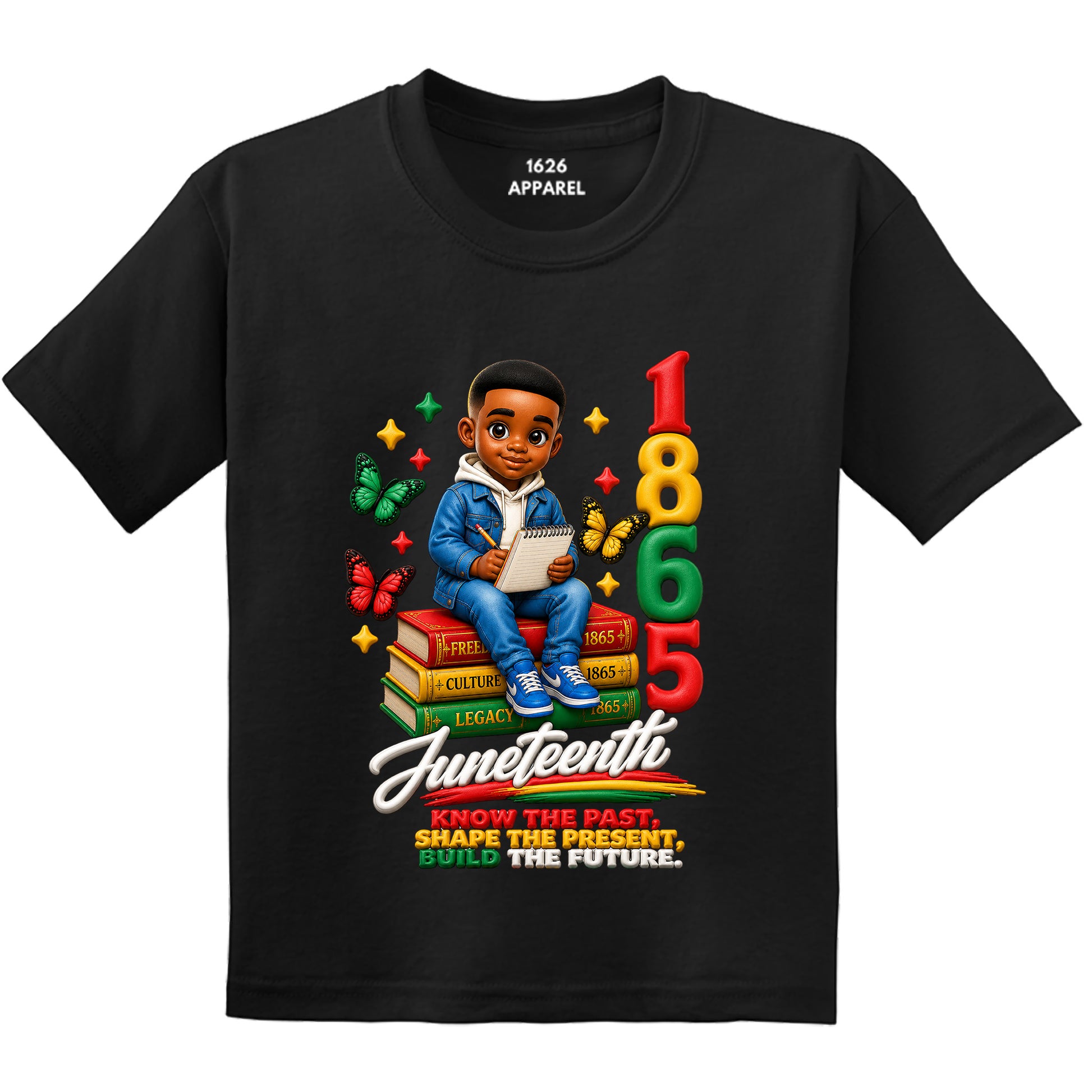 Black t-shirt with Juneteenth graphic featuring a child and the year 1865 on a white background.
