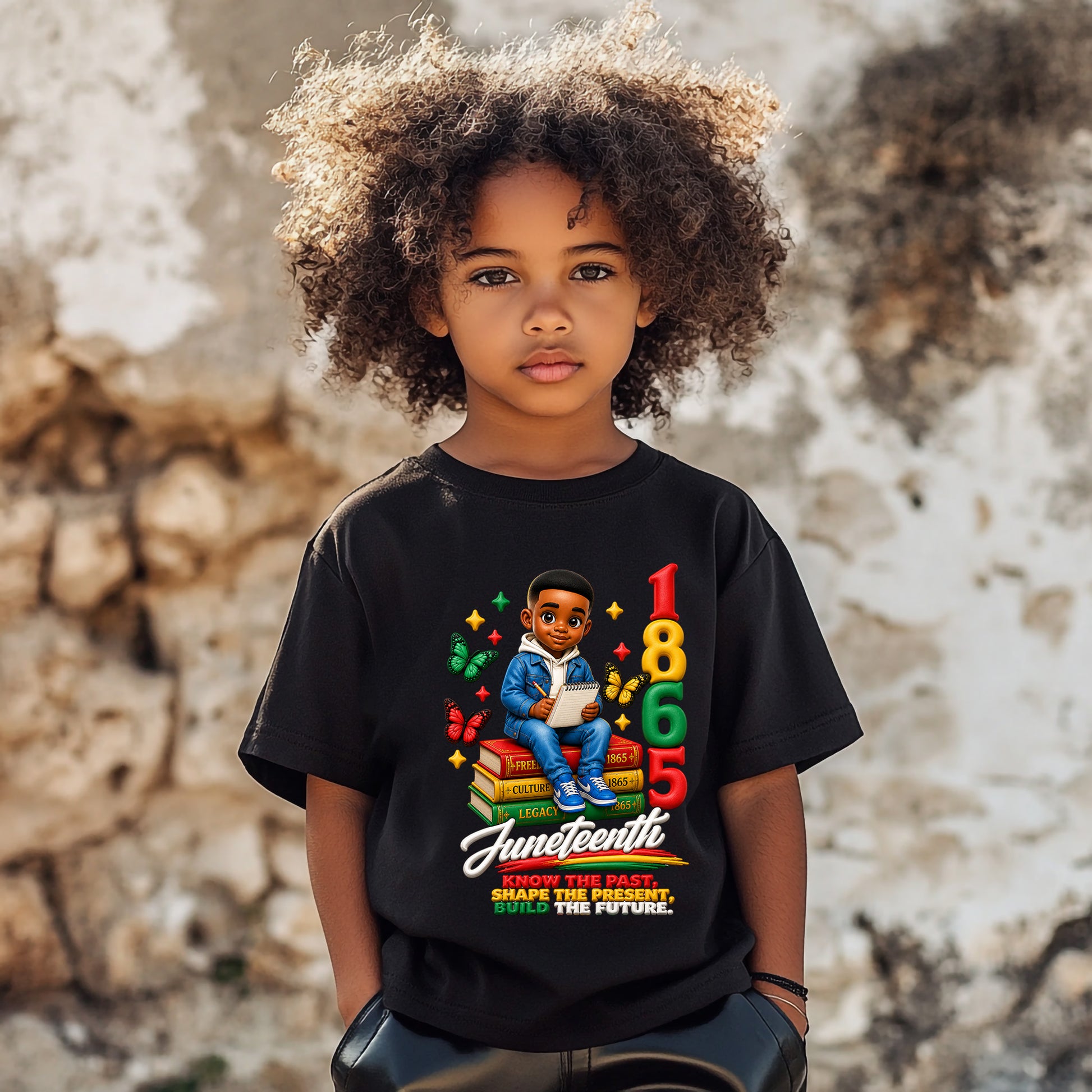 Child wearing a black t-shirt with a colorful graphic and text, standing against a textured wall.