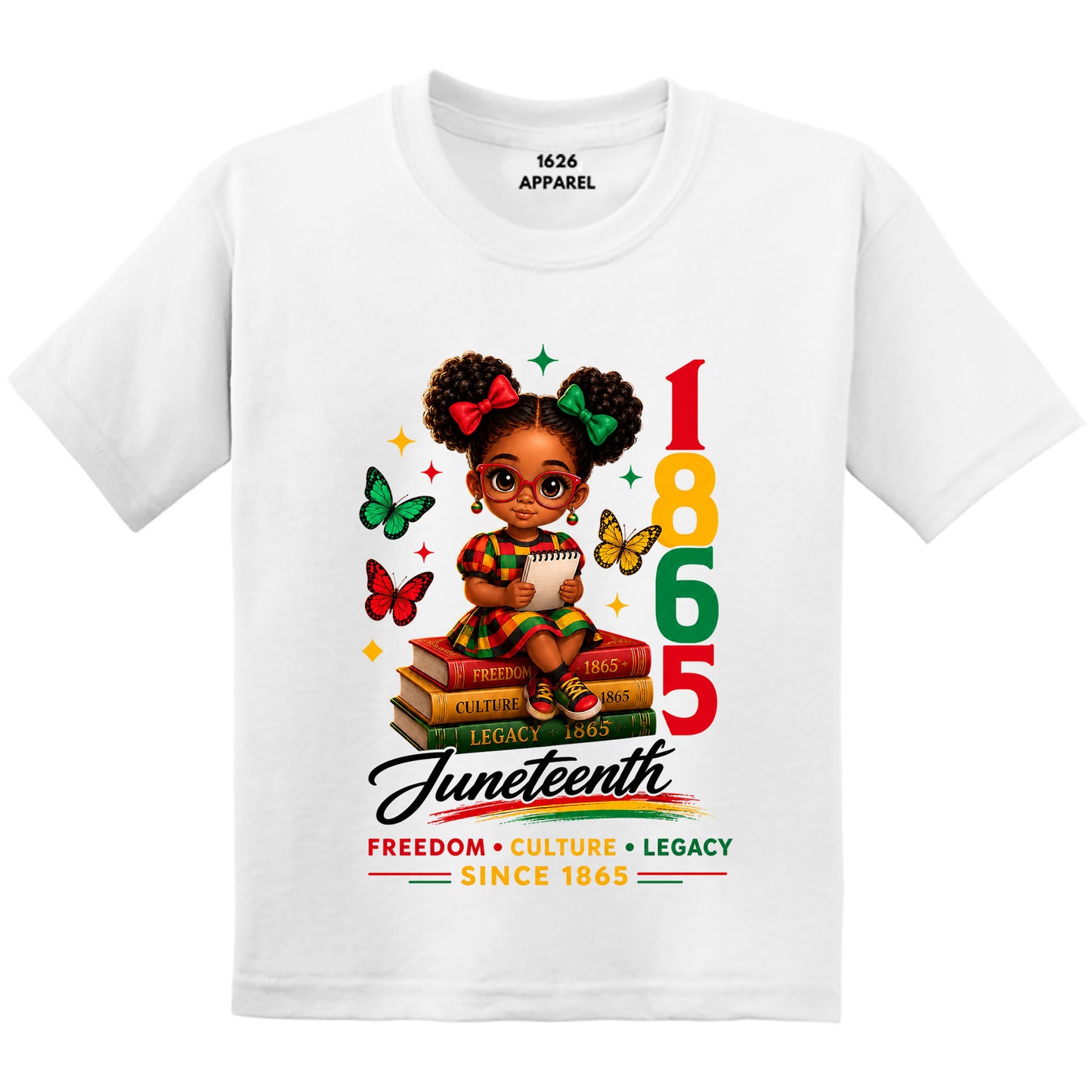 White t-shirt with Juneteenth design featuring a child and text on a white background