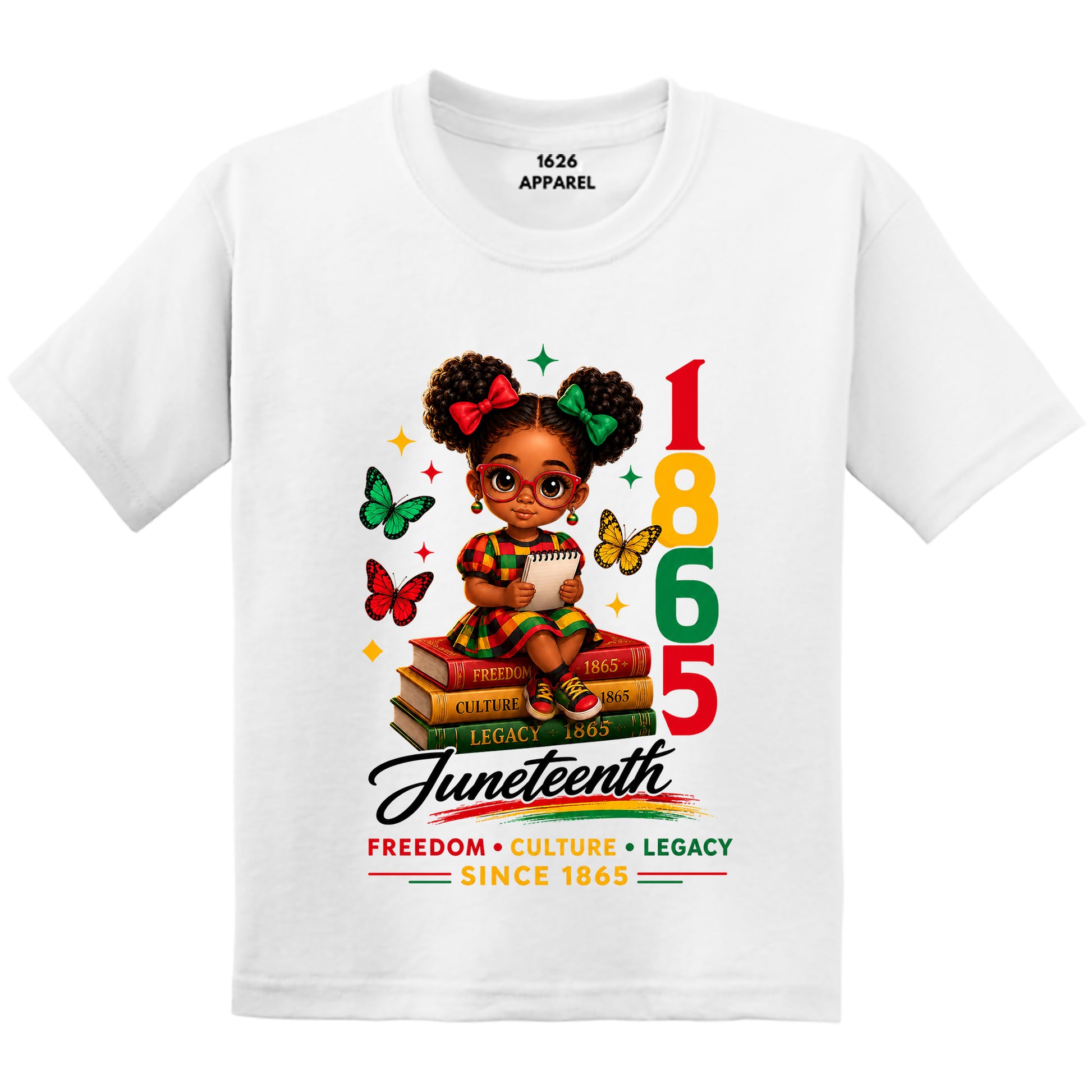 White t-shirt with Juneteenth design featuring a child and text on a white background