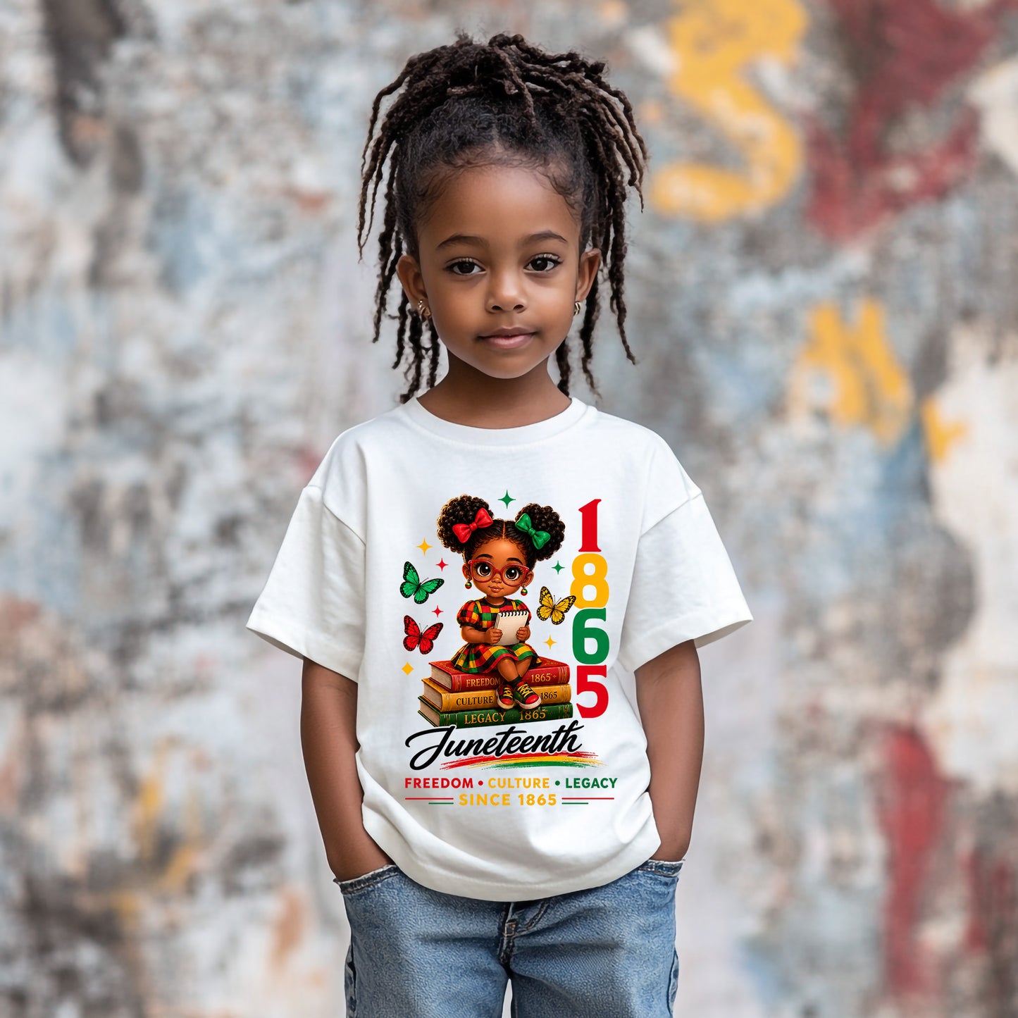 Child wearing a white t-shirt with Juneteenth design, standing against a textured wall.