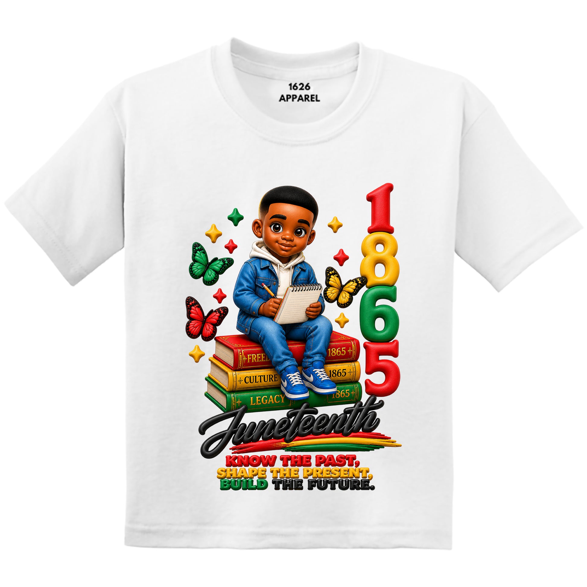 White t-shirt with a colorful graphic of a boy sitting on books, surrounded by numbers and text, on a white background.