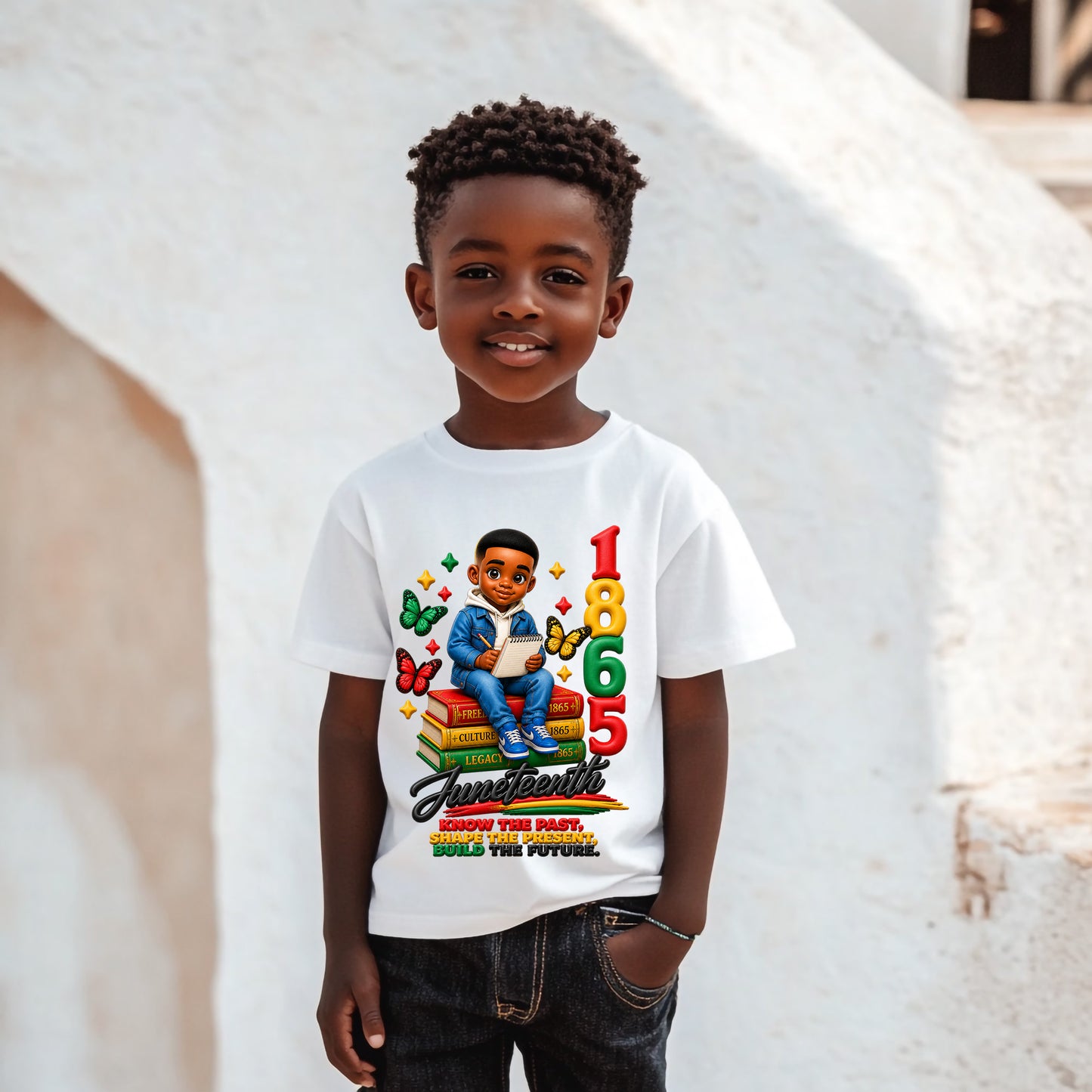 Child wearing a white t-shirt with a colorful graphic design against a white background