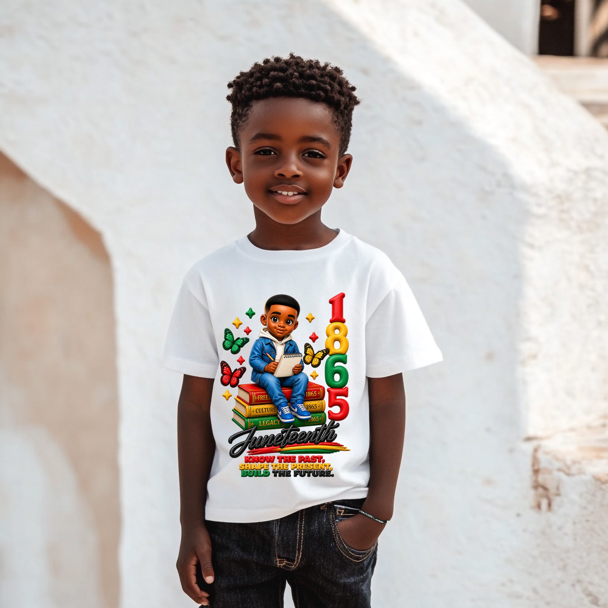 Child wearing a white t-shirt with a colorful graphic design against a white background
