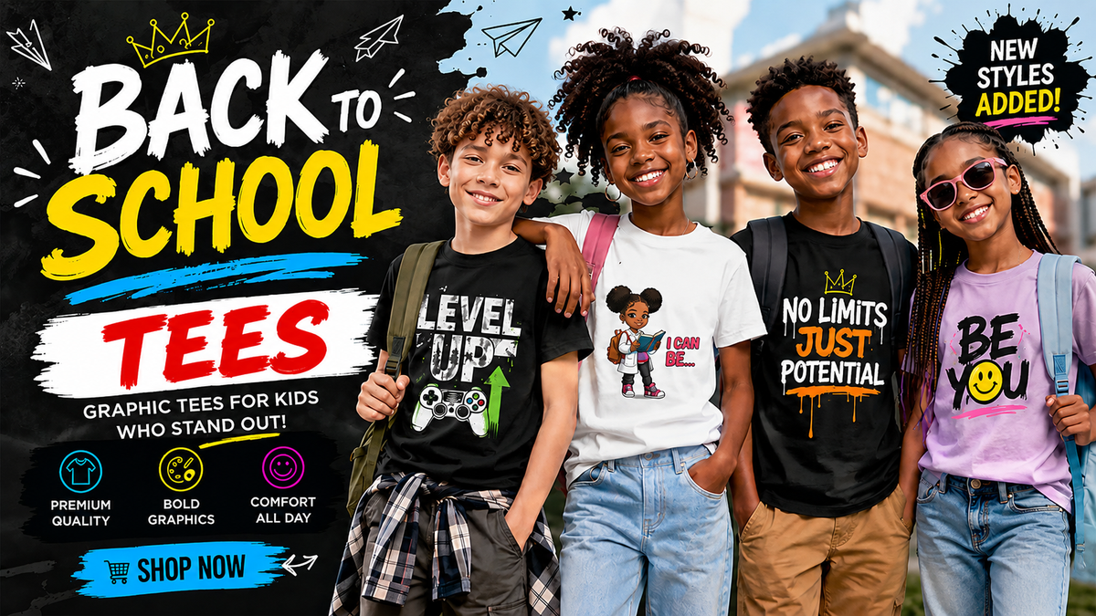 A promotional graphic for kids' graphic tees with four smiling children standing outdoors in front of a blurred school building. The children are wearing black, white, and purple graphic t-shirts, and the left side features large text reading 'BACK TO SCHOOL TEES' with additional marketing copy and icons.
