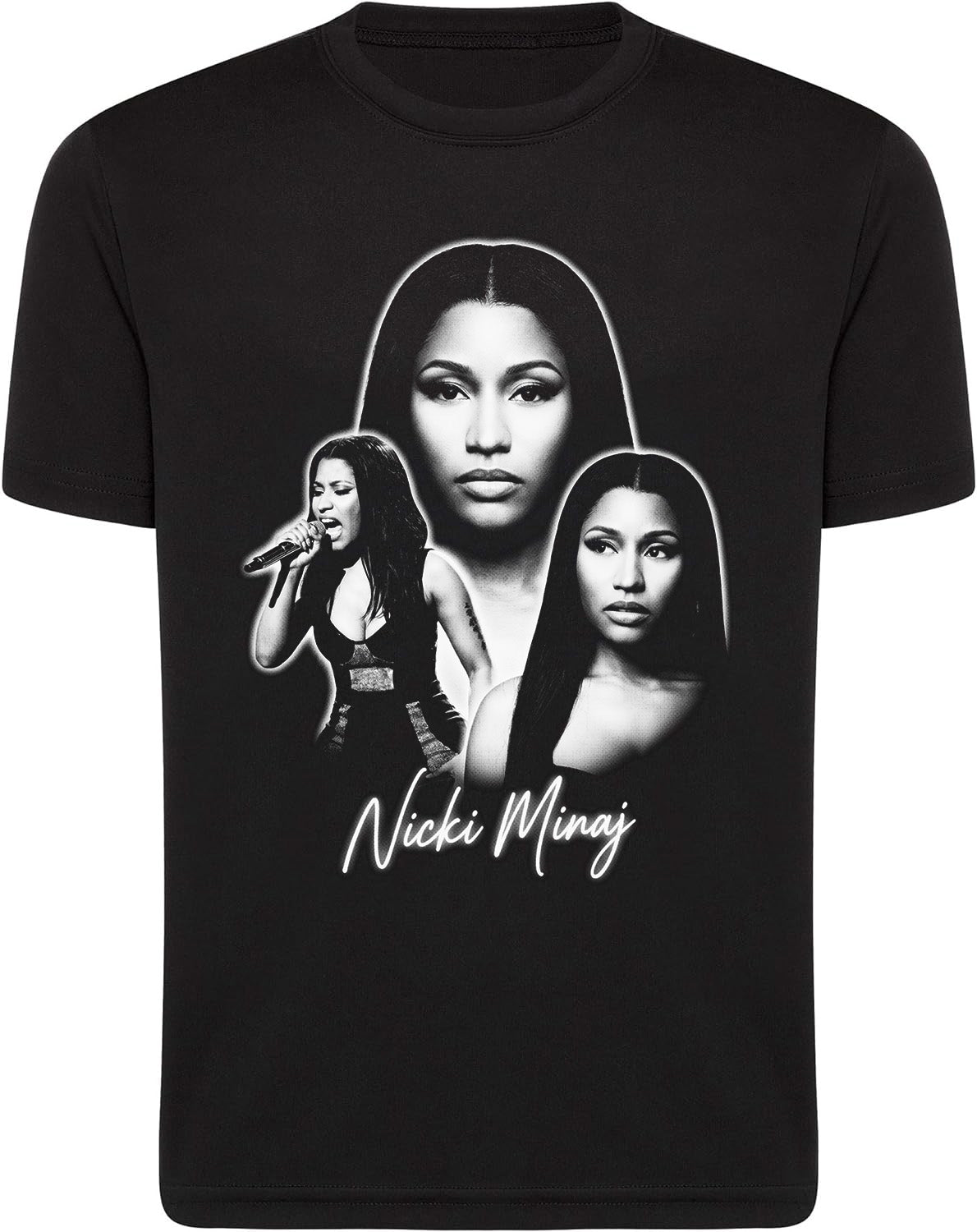 Black t-shirt with a graphic of a woman and the text 'Nicki Minaj' on a white background