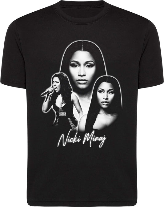 Black t-shirt with a graphic of a woman and the text 'Nicki Minaj' on a white background