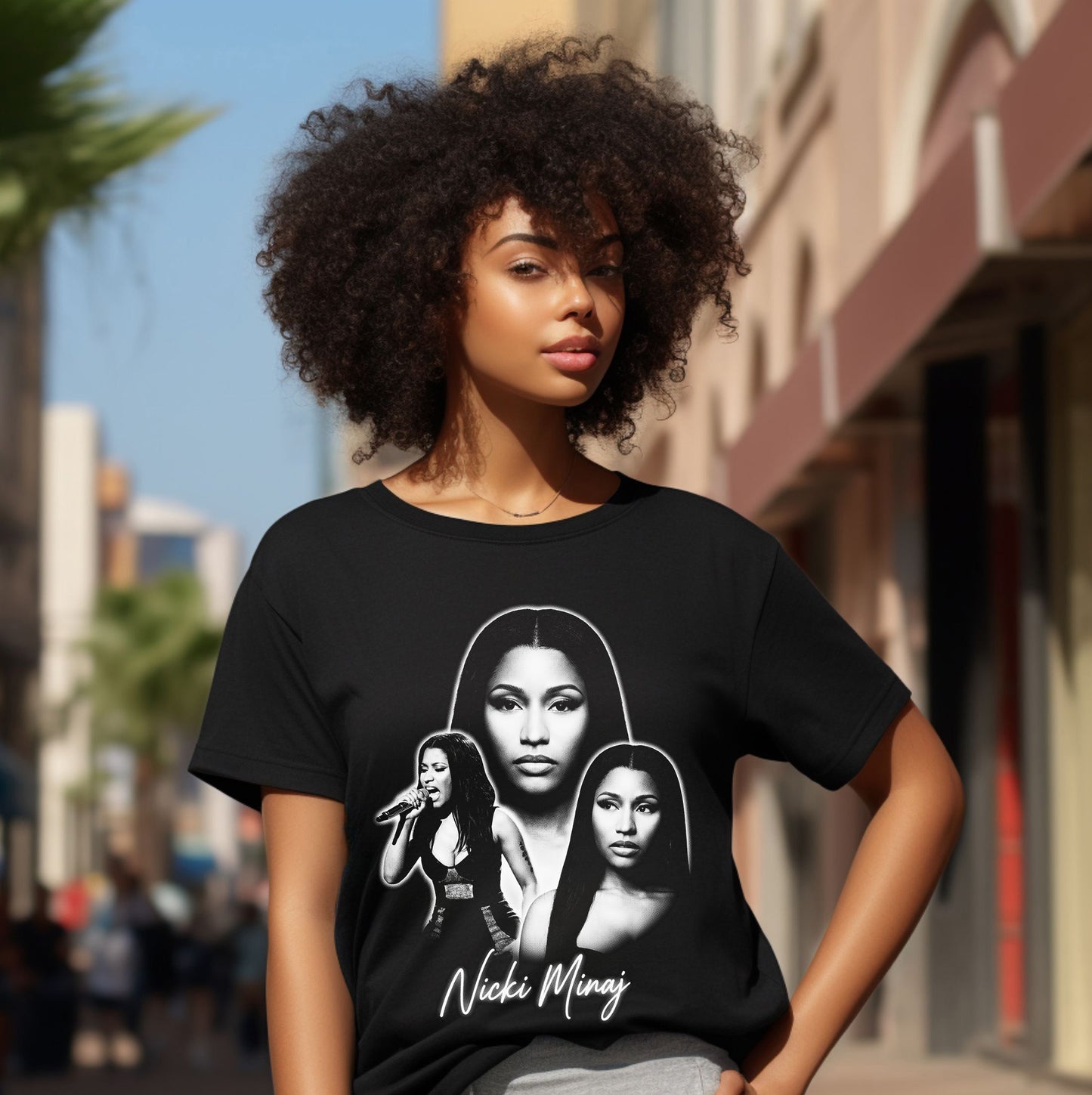 Woman wearing a black t-shirt with a graphic design on a city street