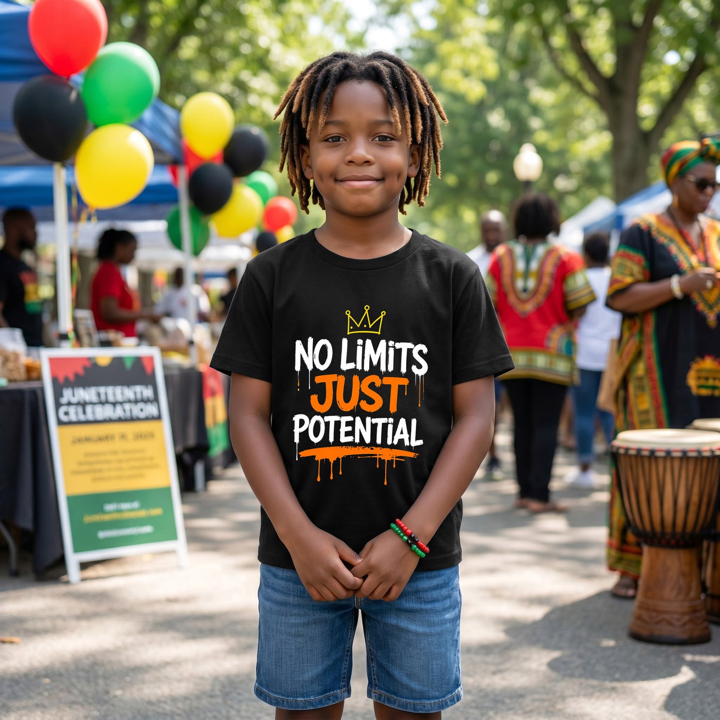 A young boy at a festival wearing a black Kids No Limits Just Potential T-Shirt paired with blue denim shorts.