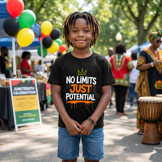 A young boy at a festival wearing a black Kids No Limits Just Potential T-Shirt paired with blue denim shorts.