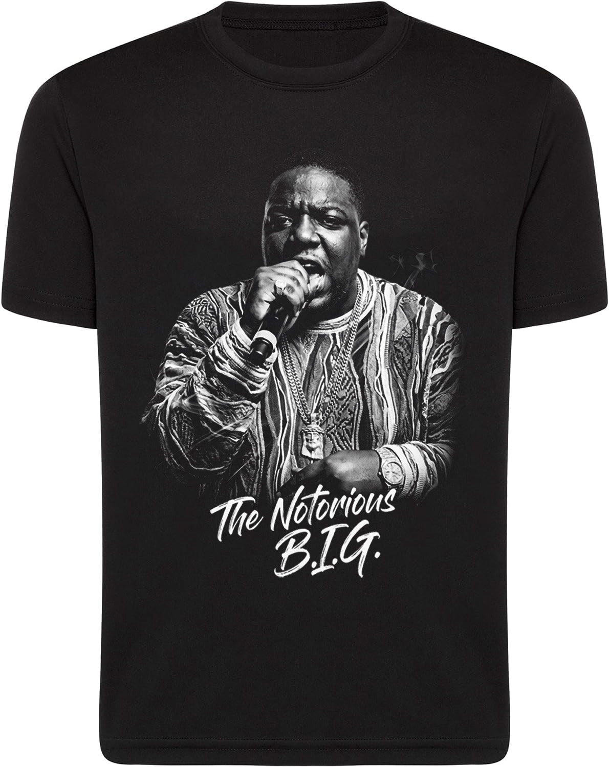 Black t-shirt with a graphic of a famous person and 'The Notorious B.I.G.' text on a white background