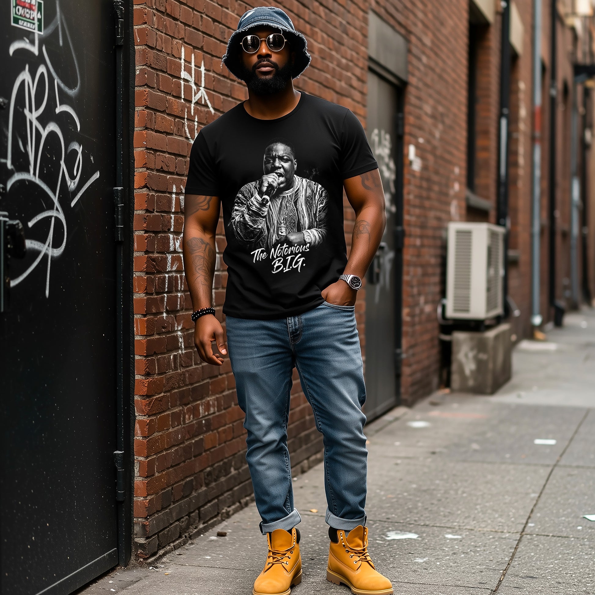 Man wearing a black t-shirt with a graphic design, blue jeans, and yellow boots standing against a brick wall.