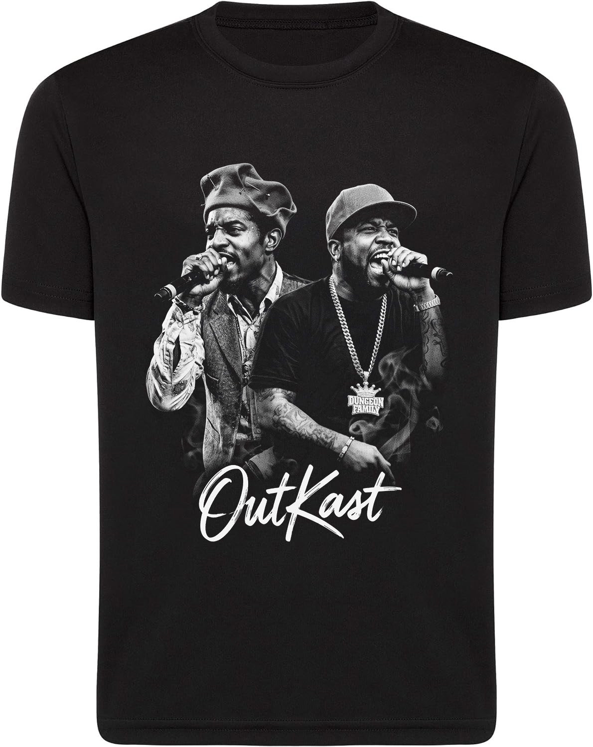 Black t-shirt with a graphic of two individuals singing and the text 'OutKast' on a white background.