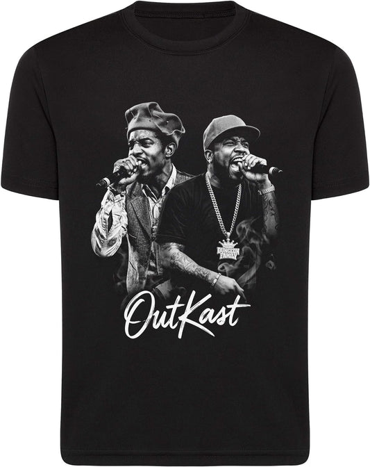 Black t-shirt with a graphic of two individuals singing and the text 'OutKast' on a white background.