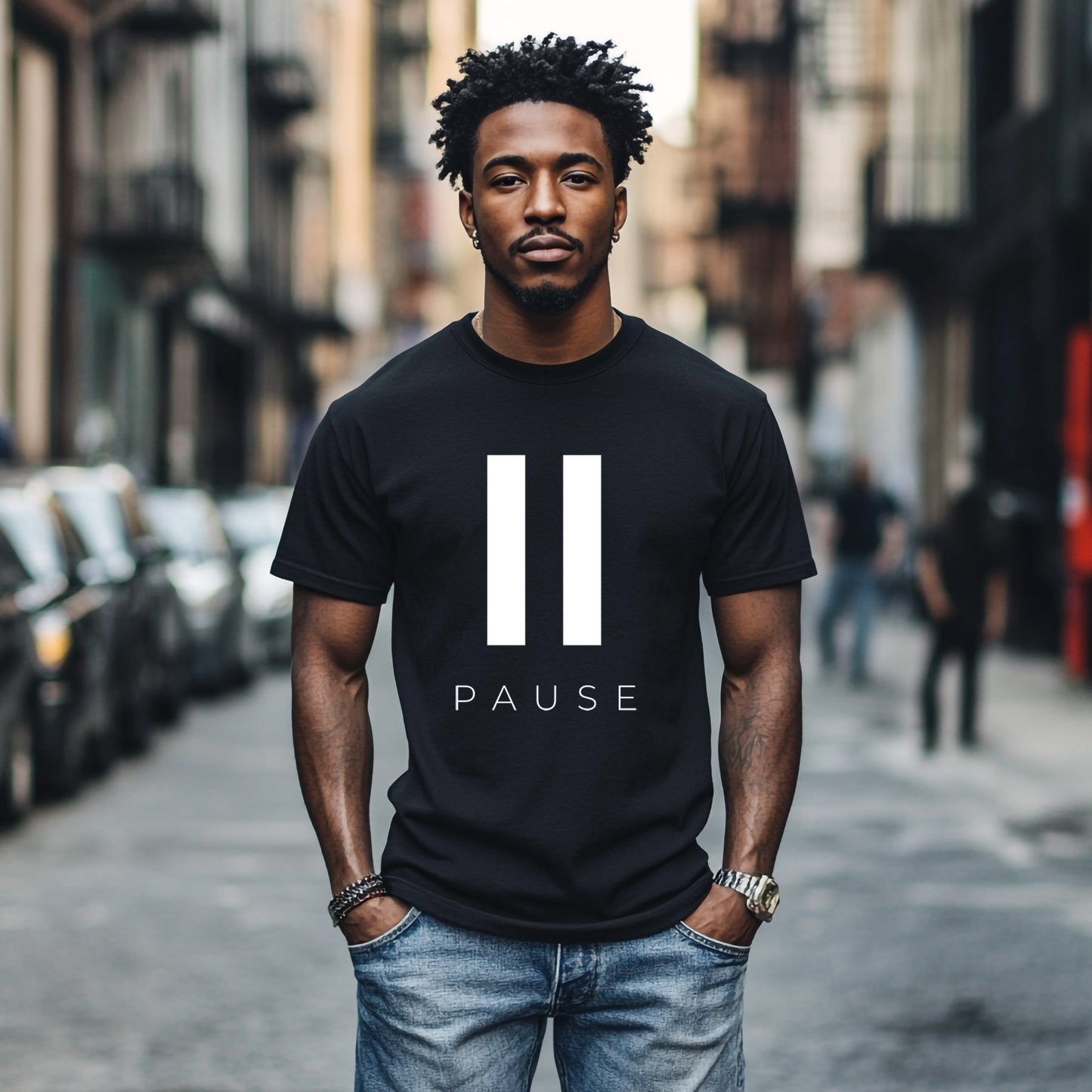 Model Wearing Press Pause Graphic Printed Tee