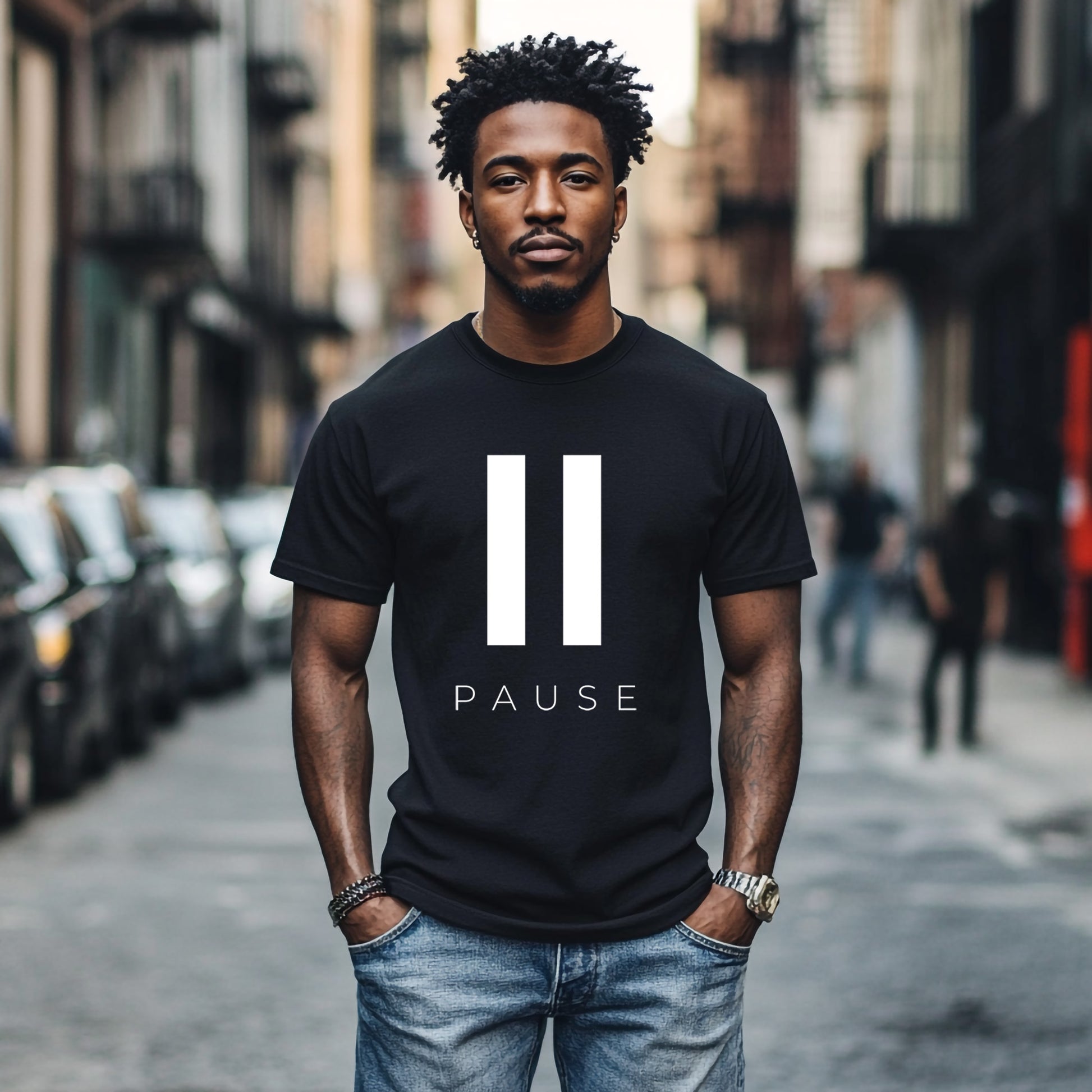 Model Wearing Press Pause Graphic Printed Tee