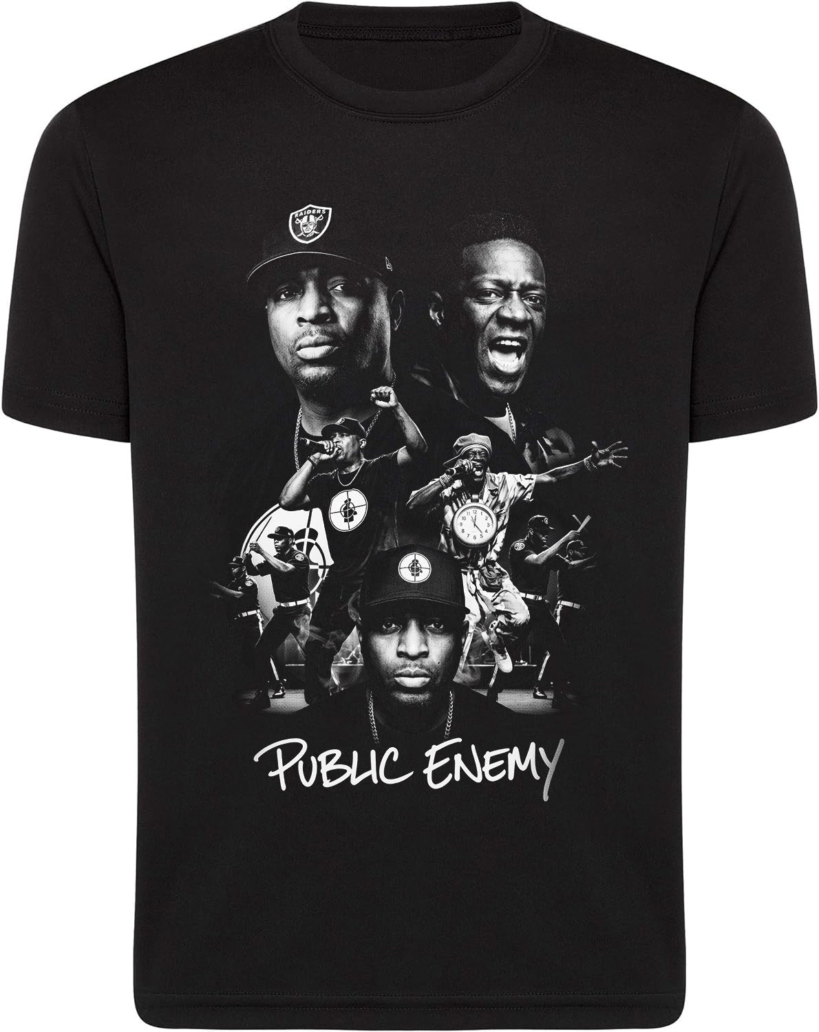 Black t-shirt with a graphic of three men and 'Public Enemy' text on a white background