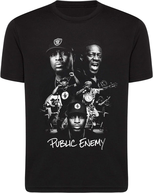 Black t-shirt with a graphic of three men and 'Public Enemy' text on a white background